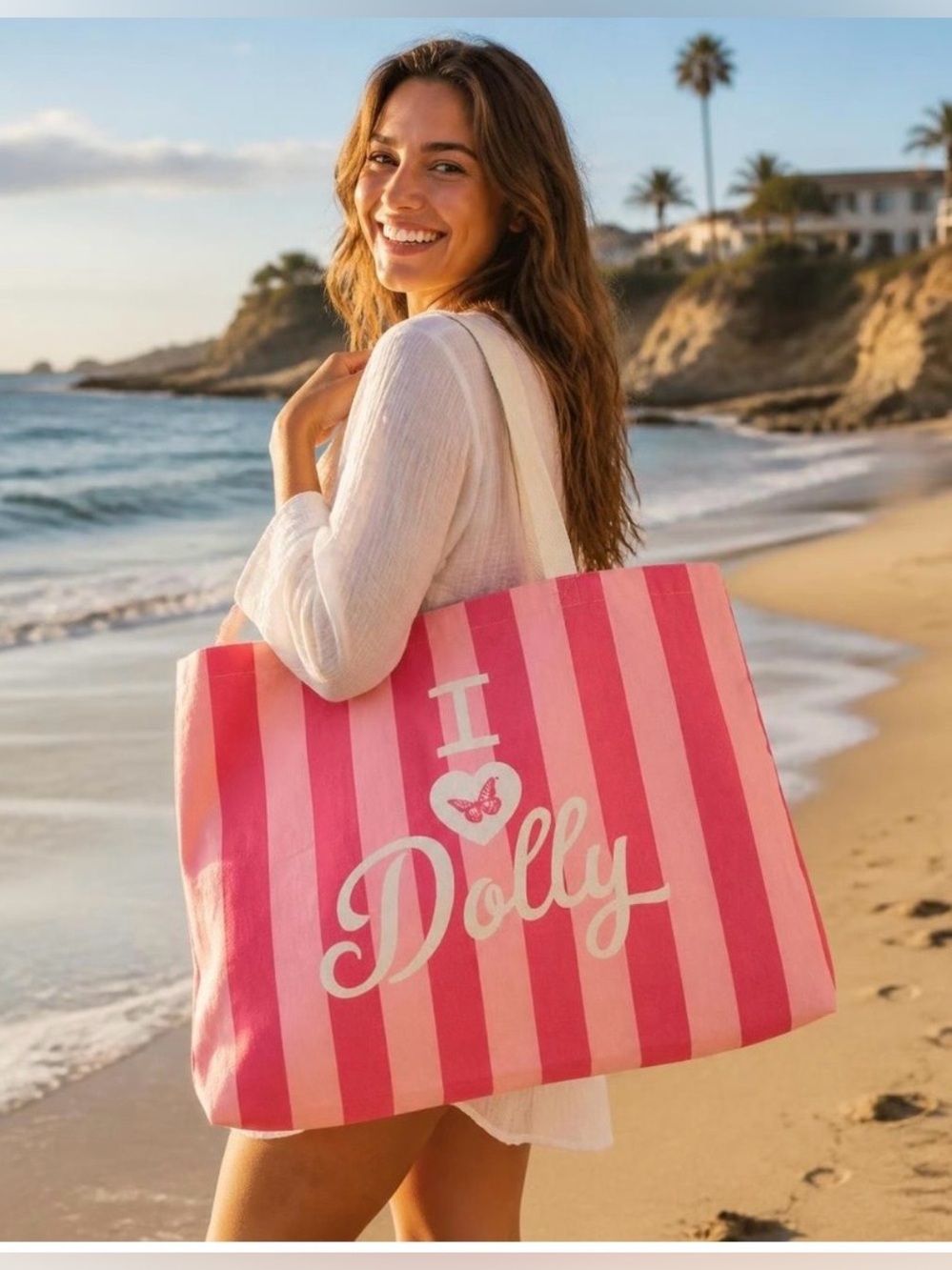 Dolly Parton I 💜 Dolly ~Pink Striped Tote Bag